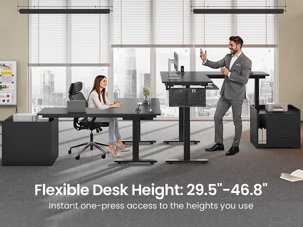 L Shaped Standing Desk with File Cabinet, 3 Drawers, Power Outlet | 63 x 53'' Electric Height Adjustable Gaming
