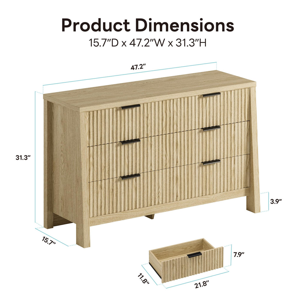 Fluted 6 Drawers Dresser, Natural Oak