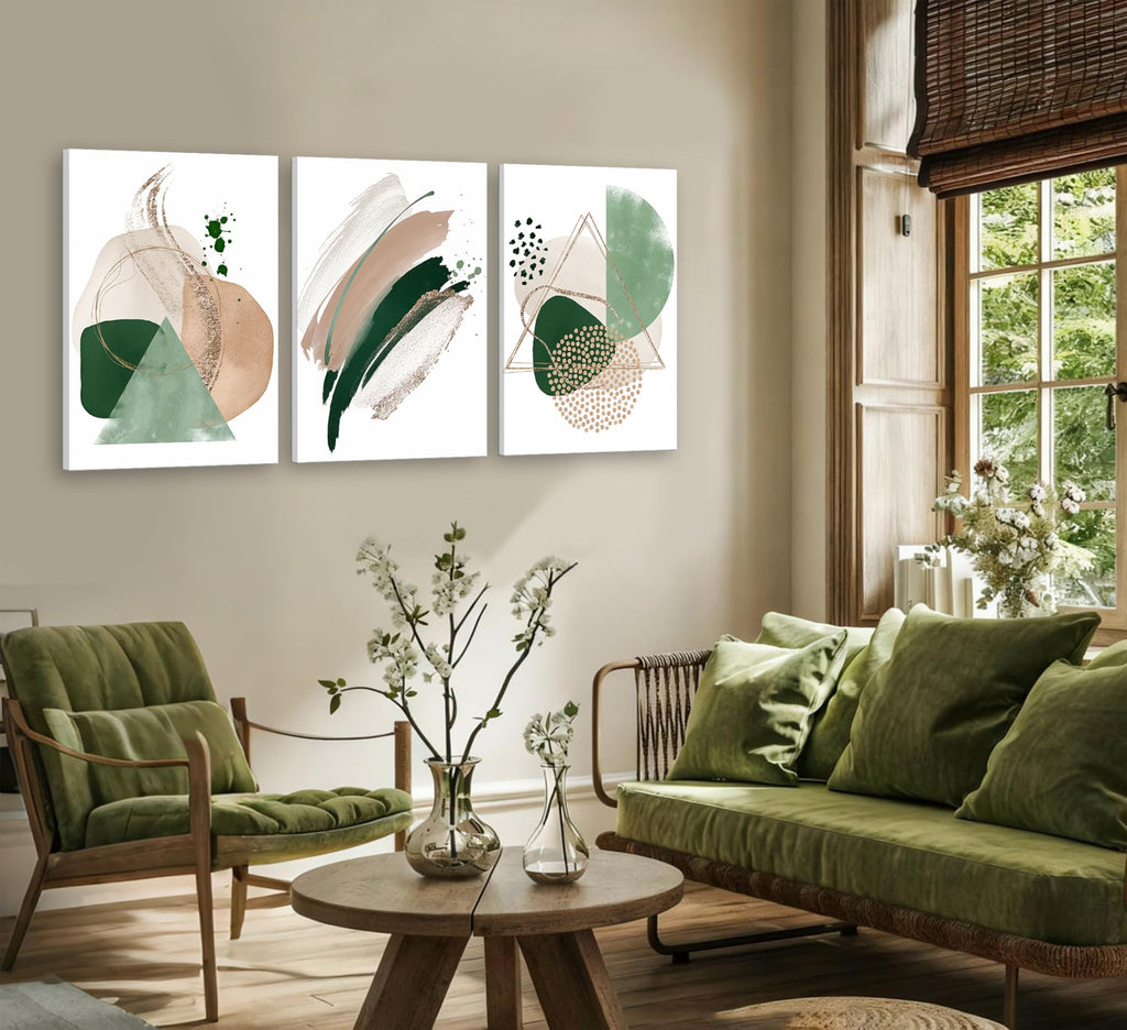 3Pcs Framed Sage Green Minimalist Geometric Abstract Wall Art