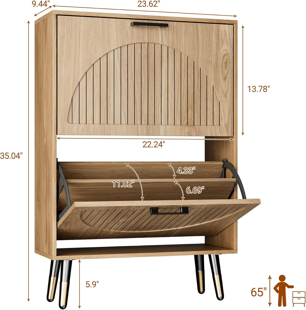 Farmhouse Shoe Cabinet Storage , Slim Shoe Rack Cabinet with 2 Flip Drawers, Narrow Shoe Organizer Cabinet with