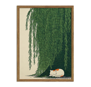 Japanese Cat Wall Art, Cat Under Willow Tree Wall Decor Painting Japan Zen Calm Poster Canvas Minimalist Animal