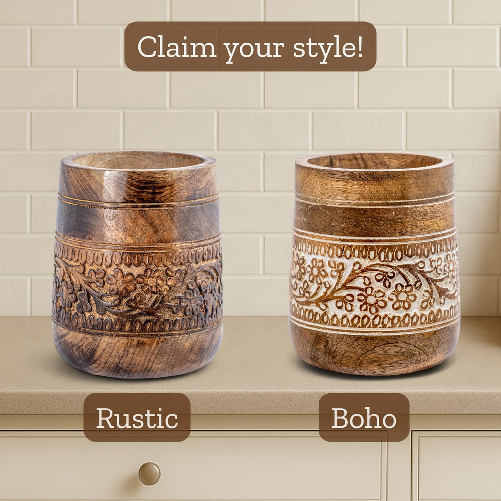 Rustic 7'' Large Utensil Holder, Wooden Kitchen Crock Brown