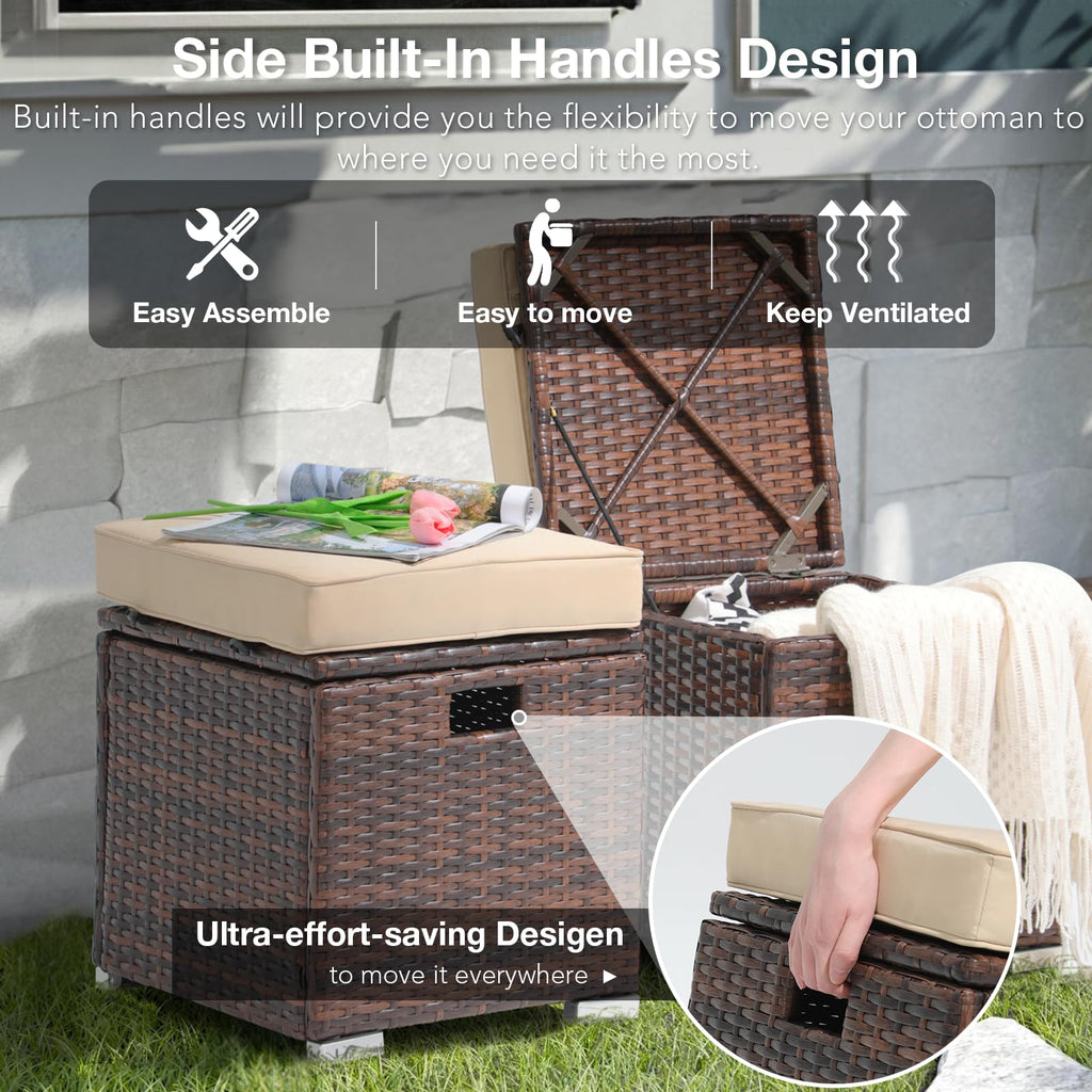 2 Piece Outdoor Patio Ottoman with Storage, Wicker, Beige