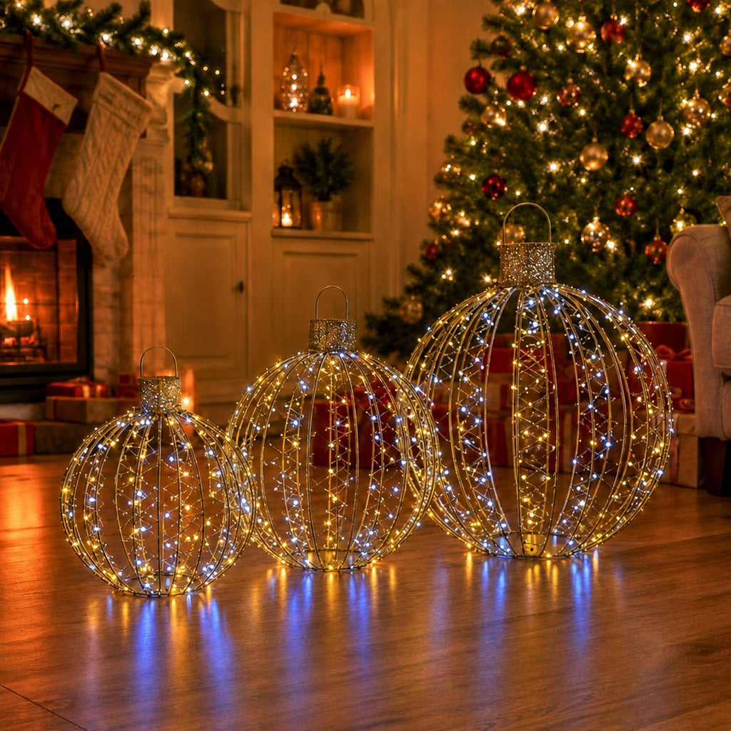 3-Piece Large Lighted Balls Outdoor Christmas Decorations Light Balls Outdoor Hanging Christmas Twinkle Ornaments Set