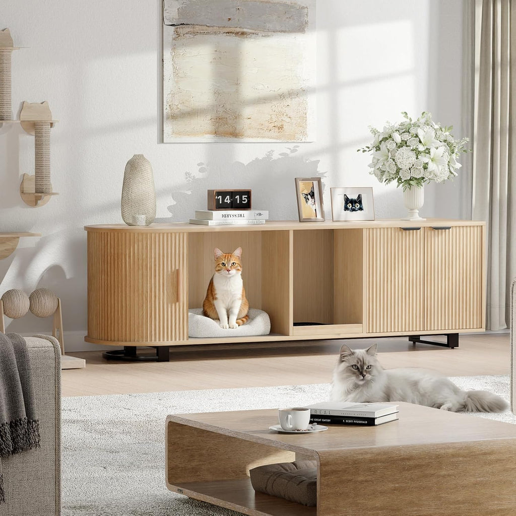 62'' Cat Litter Box Enclosure with Sliding Tambour Door, Fluted Litter Box Enclosure Furniture Hidden Litter Box