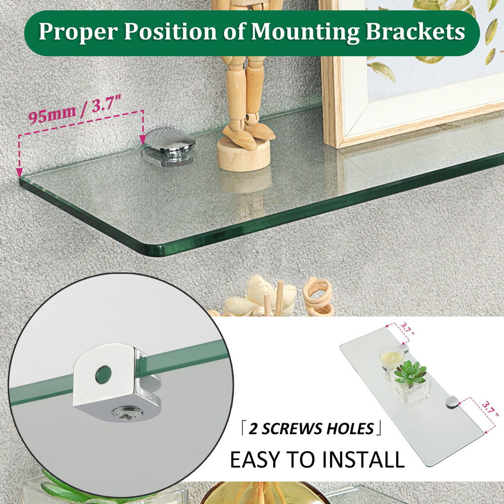 Floating Glass Shelves, Tempered Glass Shelf for Wall 15 x 5 Inch 2 Pack, Clear