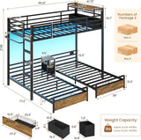 Triple Bunk Bed for Kids with Storage Drawers and Charging Station Twin Over Twin Metal Bunk Bed with Storage Shelves