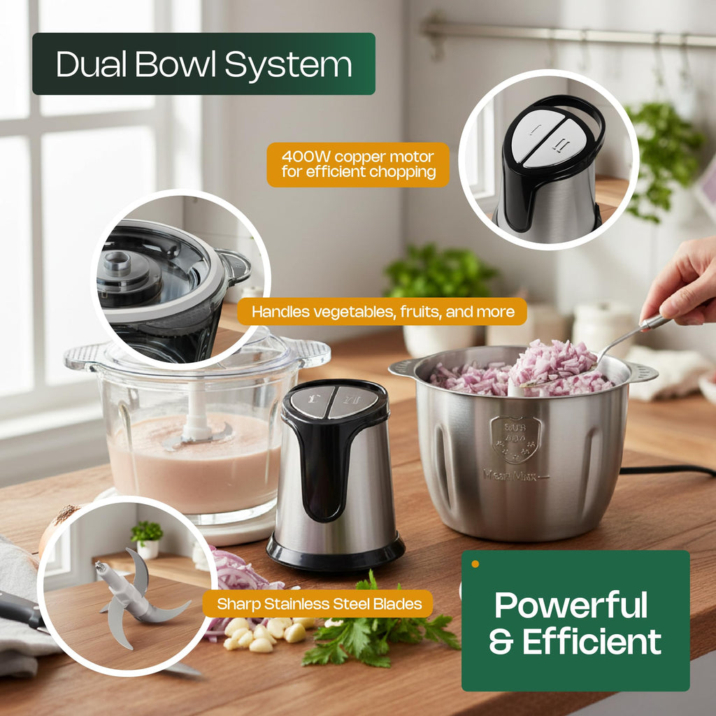 Small Food Processor with Glass Bowl, No Plastic, 400W Chopper