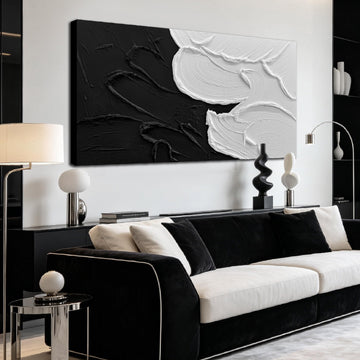Black and White 3D Textured Abstract Oil Painting 48x24 Inch