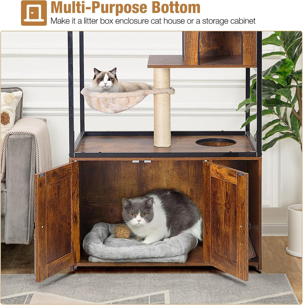 Cat Litter Box Furniture Enclosure 4 Levels Cat Tree Hidden Cabinet with Storage and Scratch, 4 Tiers