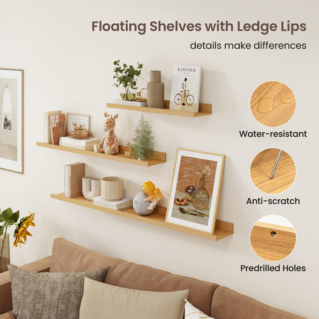 Picture Ledge Shelf, 24 Inch Oak Floating Shelves Set of 3