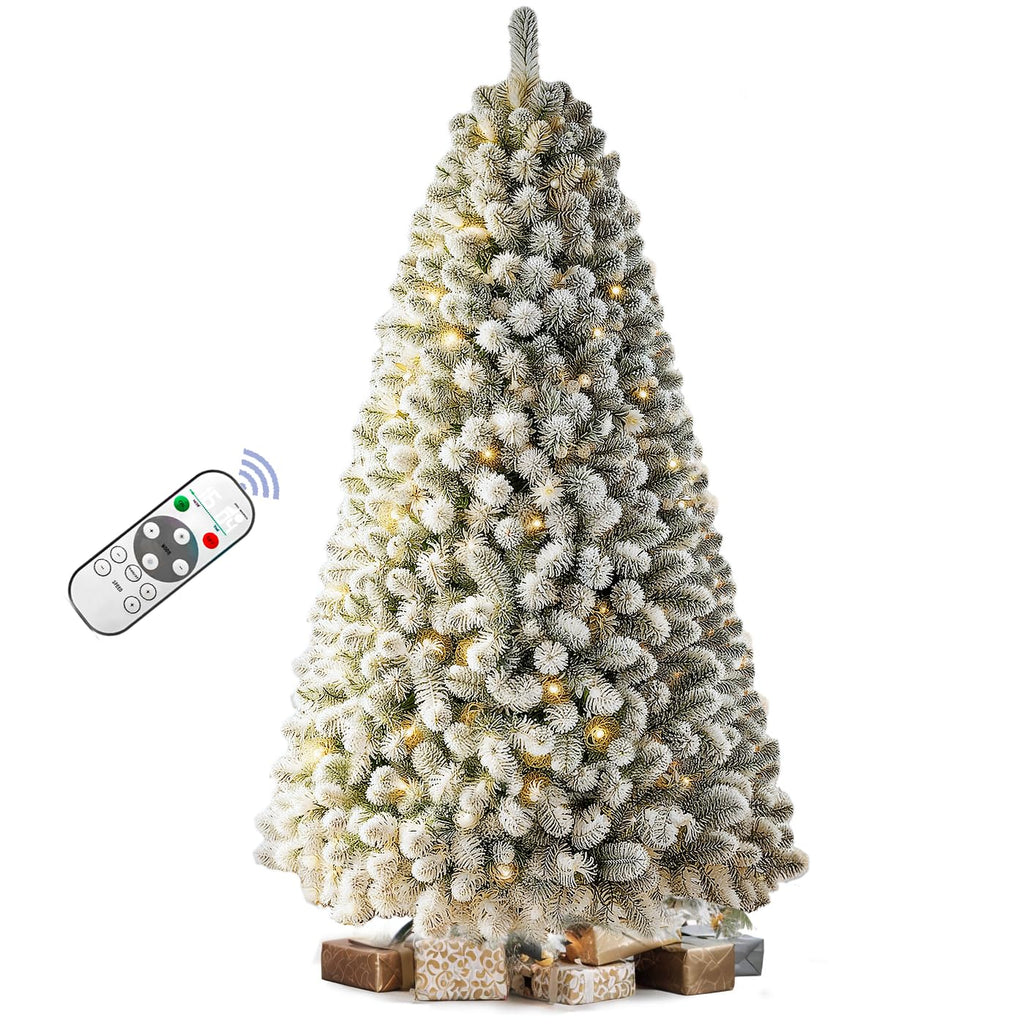 7.5 FT Pre-lit Snow Flocked Christmas Tree Spruce with Remote Control, 350 Warm White Multi-Color Changing LED