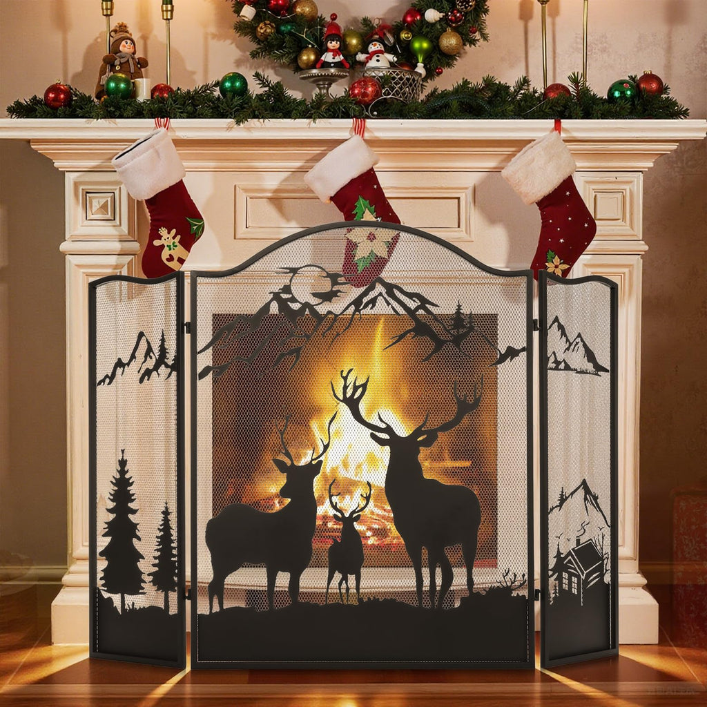 3-Panel Fireplace Screen, Deer Pattern Fire Guard, Rustic, 50" x 36"
