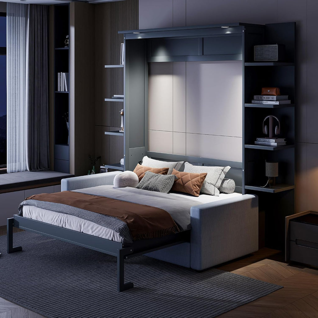 Queen Murphy with Sofa and Shelves for Bedroom or Guestroom Wall Bed Space Saving Hidden Bed,No Need Fix to The