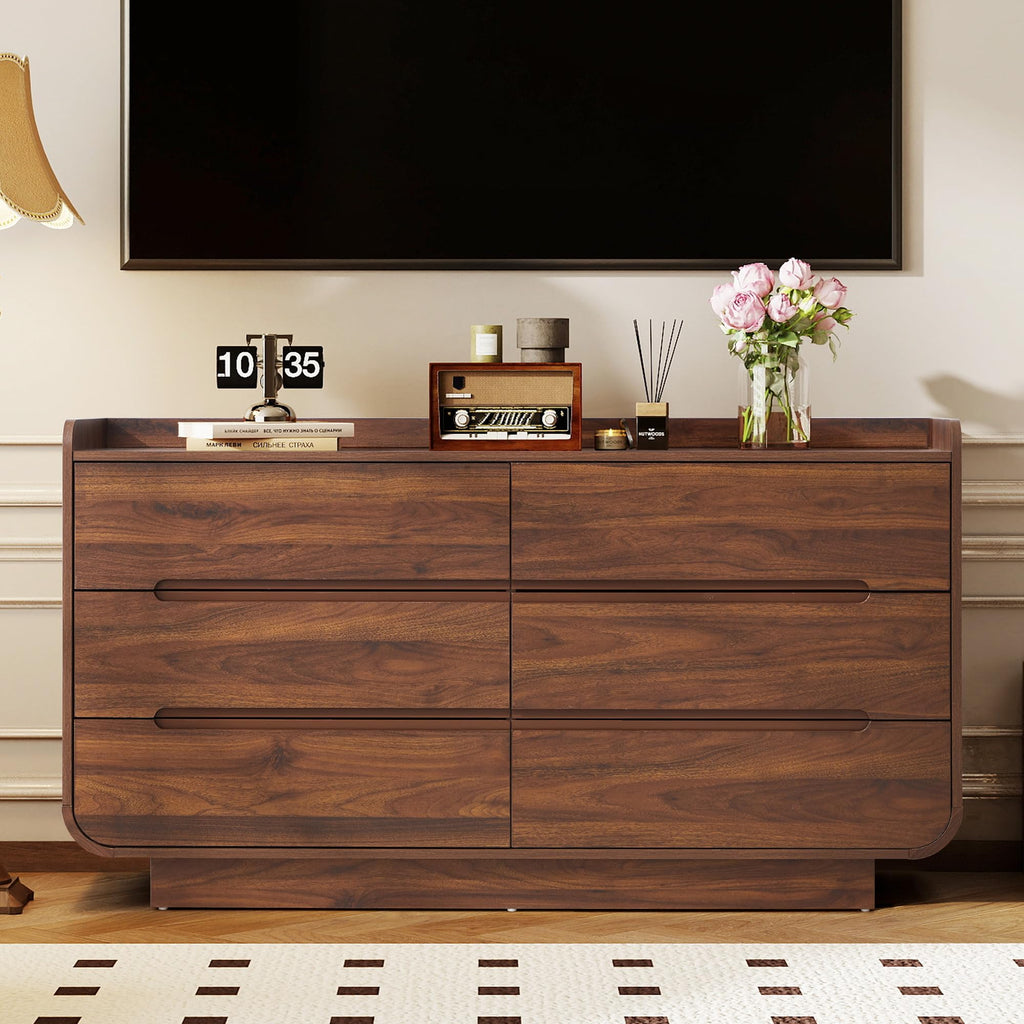 Curved 6 Drawer Dresser, Modern 53-Inch Chest of Drawers, Wood Storage Dresser Organizers with Hidden Handles, 6