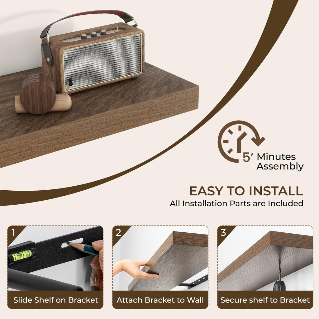 72Inch Floating Shelves for Wall 2Pack, Walnut, 8" Deep