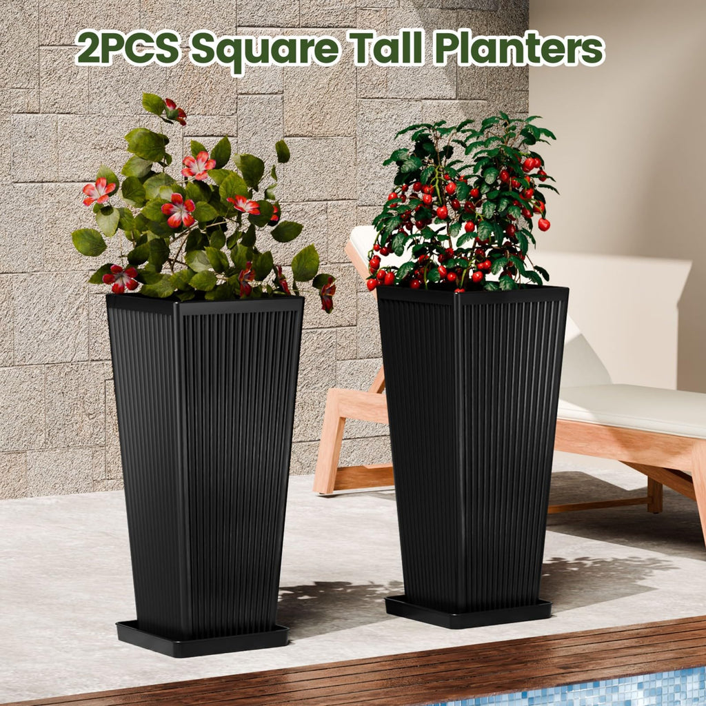 24" Tapered Tall Planters for Outdoor Plants with Tray&Shelf, Black