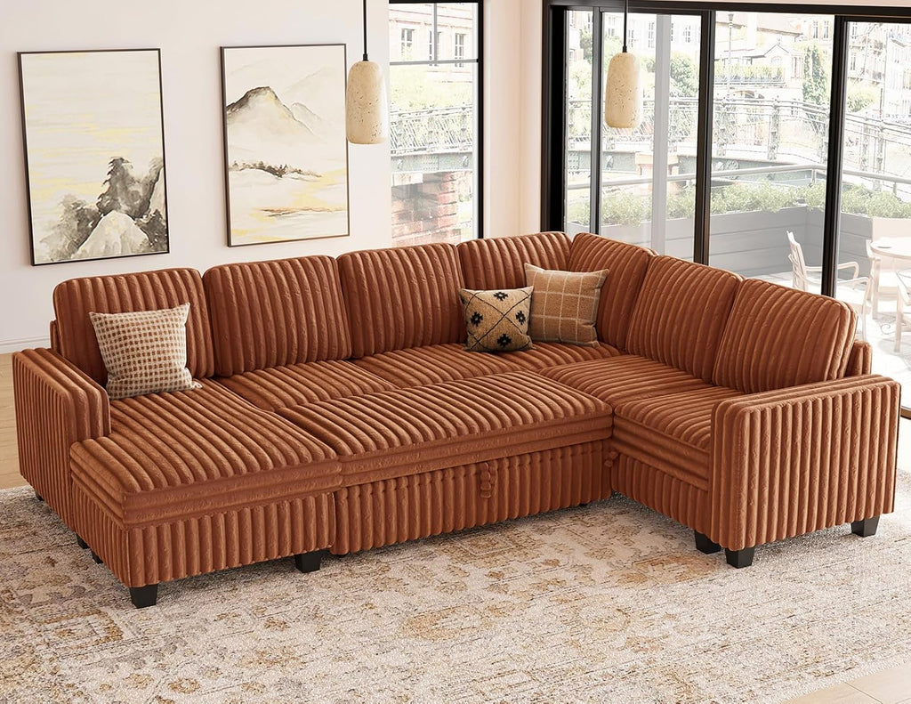 Belffin Corduroy Sleeper Sofa Bed with Storage Chaise Modular Sectional Sofa Couch with Pull Out Bed L Shaped