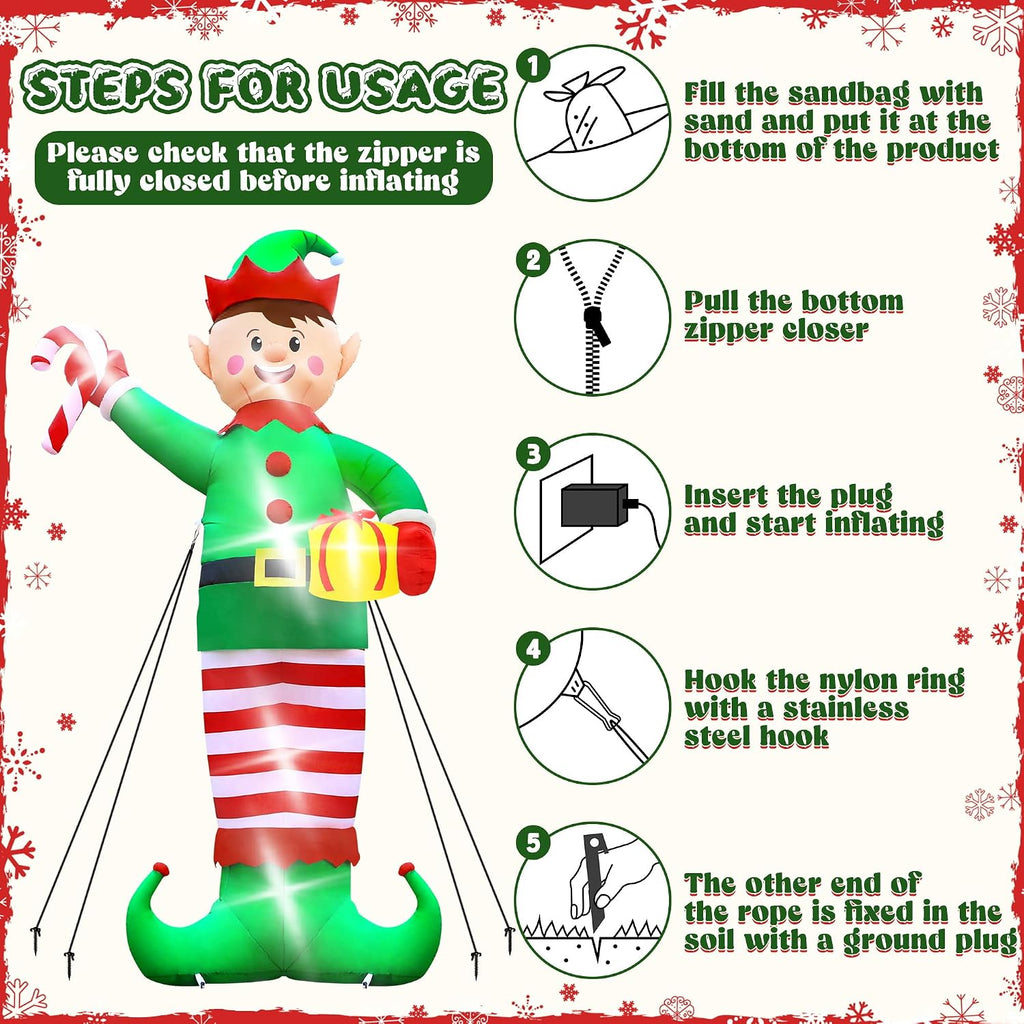 Christmas Inflatables, Giant 15 FT Christmas Elf Inflatable Outdoor Decoration, Blow Up Xmas Elf Holding Box, LED