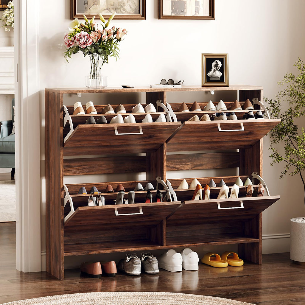 Walnut Shoe Cabinet, Slim Rustic Shoe Storage Cabinet with 4 Flip Drawers, Mid-Century Modern Wood Shoe Rack