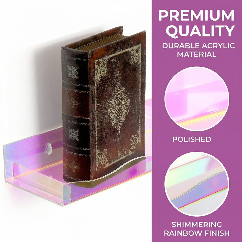 4 Pack 15" Iridescent Acrylic Floating Shelves, Wall Mounted Floating Bookshelf Organizer for Room, Clear Nail Polish