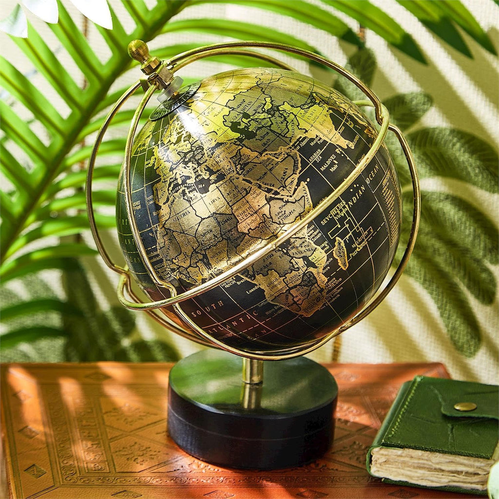 Around The World Foil Marble Base Globe, 8-inches Height, Black and Gold