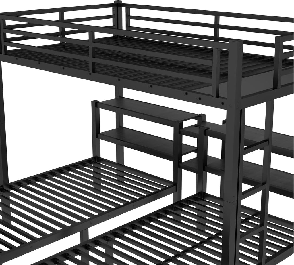 Heavy Duty Triple Bunk Bed with Storage Drawers, Shelves, Triple Bed with Charging Station
