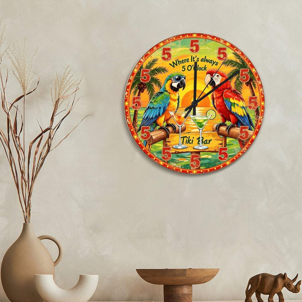 Parrot Retired Wall Clock Tiki Bar Always 5 O'clock 15 Inch Round Wall Clocks Battery Operated Silent Non-Ticking