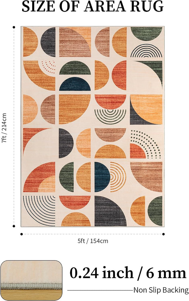 Boho Washable Area Rugs, Mid-Century Modern Rug Non Slip Minimalist, Bauhaus Throw Floor Carpet Dining Room