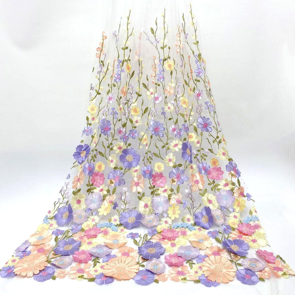 1Yard Blue Embroidery Fabric, Latest Elegant Classic3D Colored Flowers Embroidery Heavior Tulle Lace Fabric for DIY