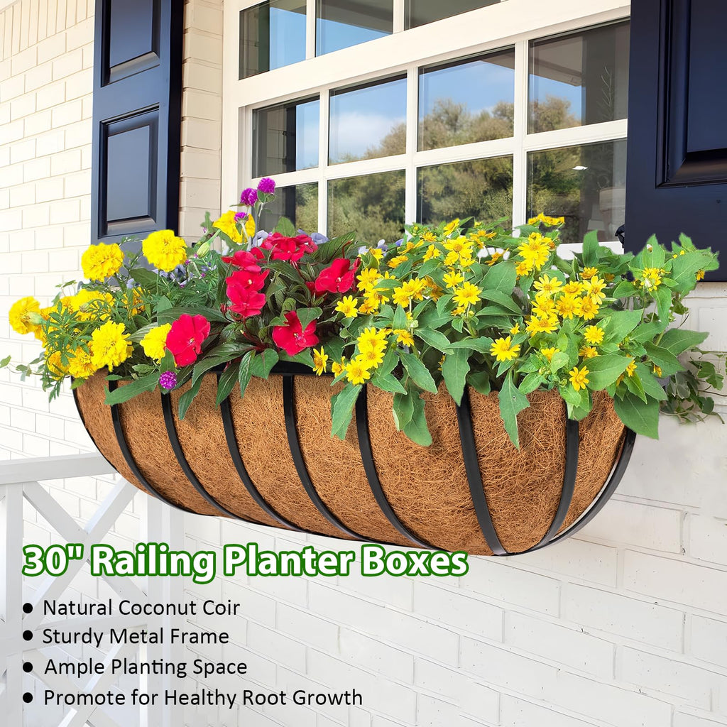 Railing Planter Window Box - 2 Pack 30 Inch Deck Balcony Rail Planter with Coconut Coir Liner, Fence Metal Hanging