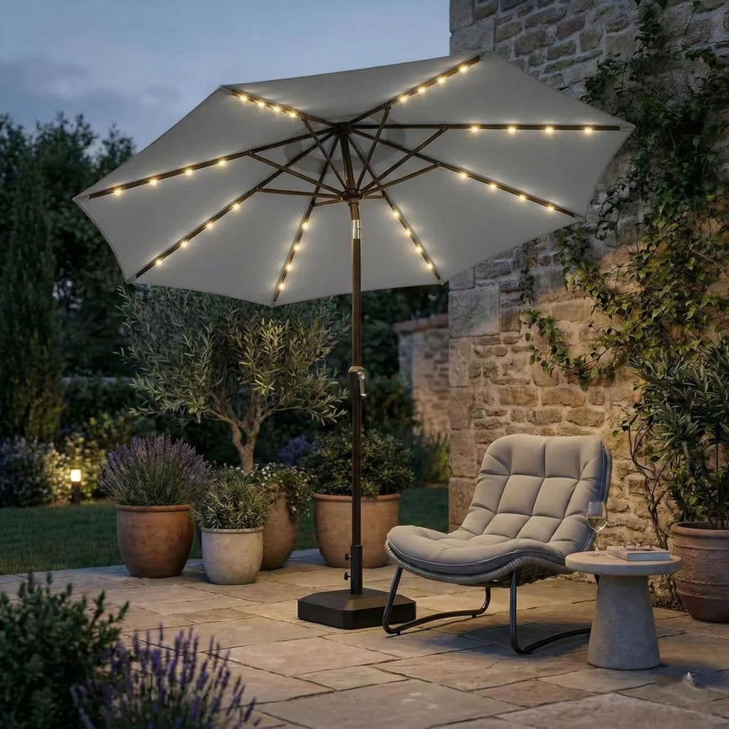 10FT Outdoor Patio Umbrella with Solar Lights, Market Table Umbrella with Push Button Tilt & Crank, 8 Sturdy Ribs