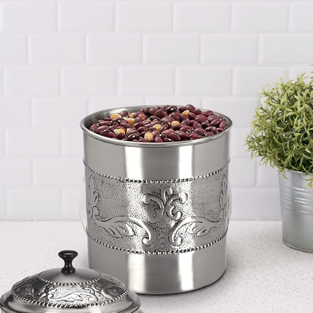 Antique Pewter Embossed 5.5 QT Stainless Steel Canister, Beautiful Food Storage Container Counter, Tea, Sugar