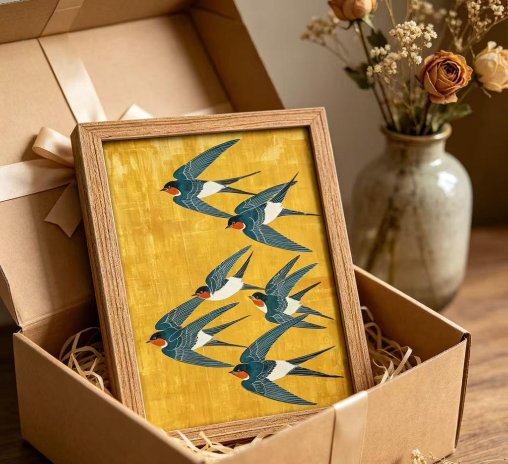 Wood Framed Swallow Wall Art, Vintage Japanese Bird Canvas Print, Japanese Flying Swallow Wall Decor, Cottage