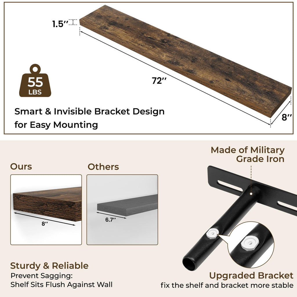 72Inch Floating Shelves for Wall 2Pack|Rustic Brown|8" D