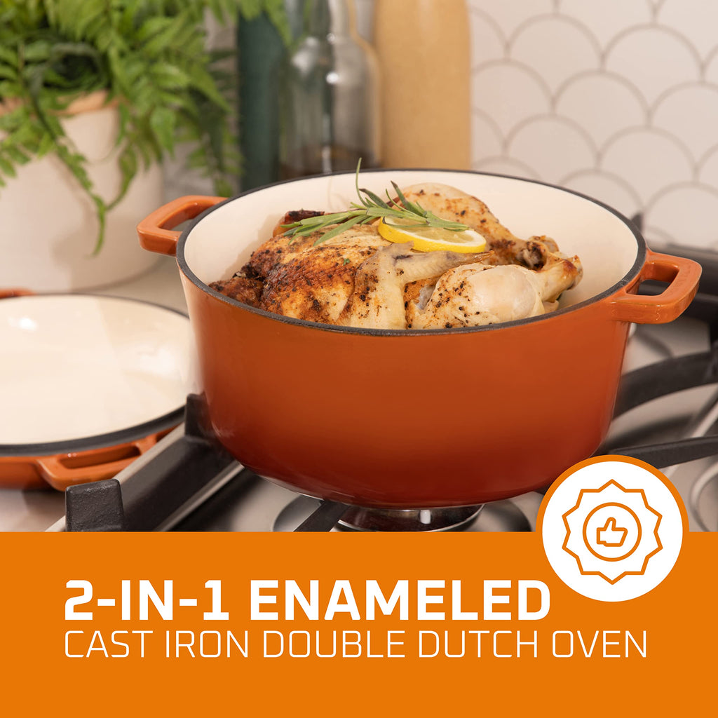 2-in-1 Enamel Cast Iron Dutch Oven With Handles - Crock Pot Pumpkin Spice Orange Cast Iron Pot with Skillet