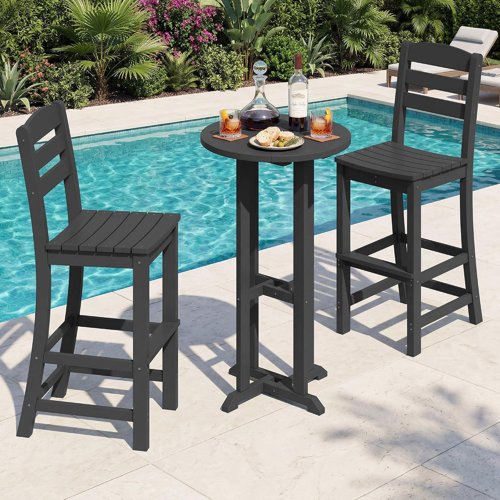 3 Piece Patio Swivel Bar Set, All Weather Mental Textilene High Swivel Bar Stools Chair Set of 2 and Glass Bar Table