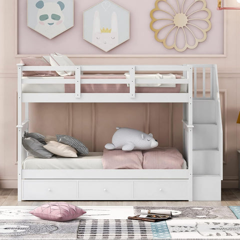 Stairway Bunk Bed with Storage Drawers, Twin Over Twin Wood Bunk Bed with Stairs for Kids Teens, Convertible Two Bed