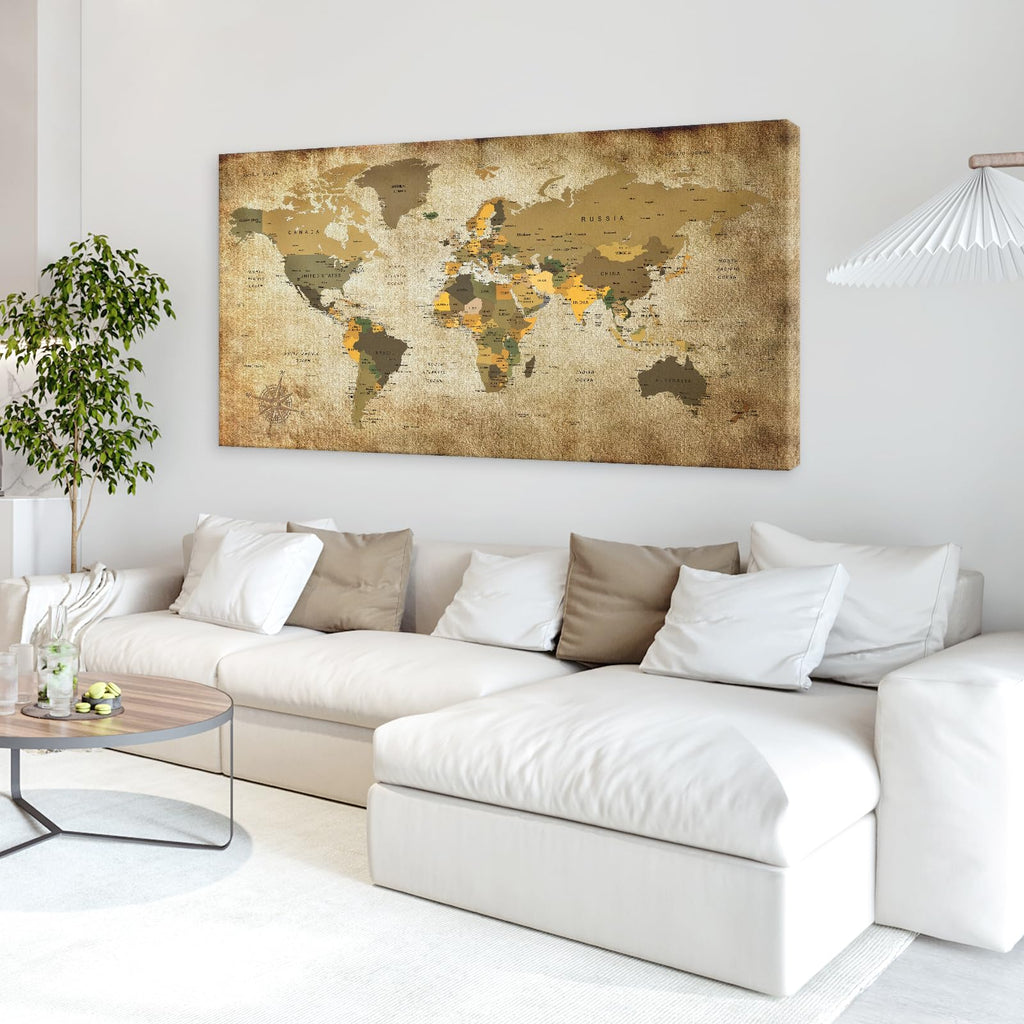 Art World Map Canvas Wall Art Vintage Large Map of The World 20" x 40" Framed Canvas Print Artwork Living Room Wall