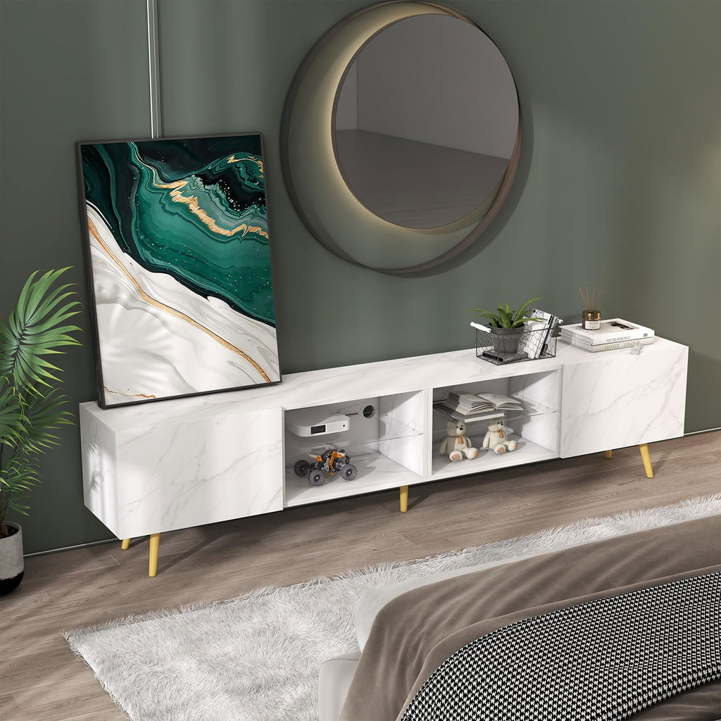 86" LED TV Stand, Modern Entertainment Center, White Marble
