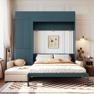 Queen Murphy Bed with Sofa, L-Shaped Foldable Wall Bed, Storage