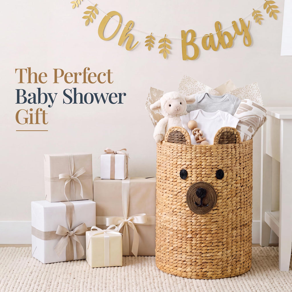 Kids Large Bear Laundry Hamper, Handwoven Water Hyacinth Laundry Basket, Nursery & Kids' Room Storage Basket For