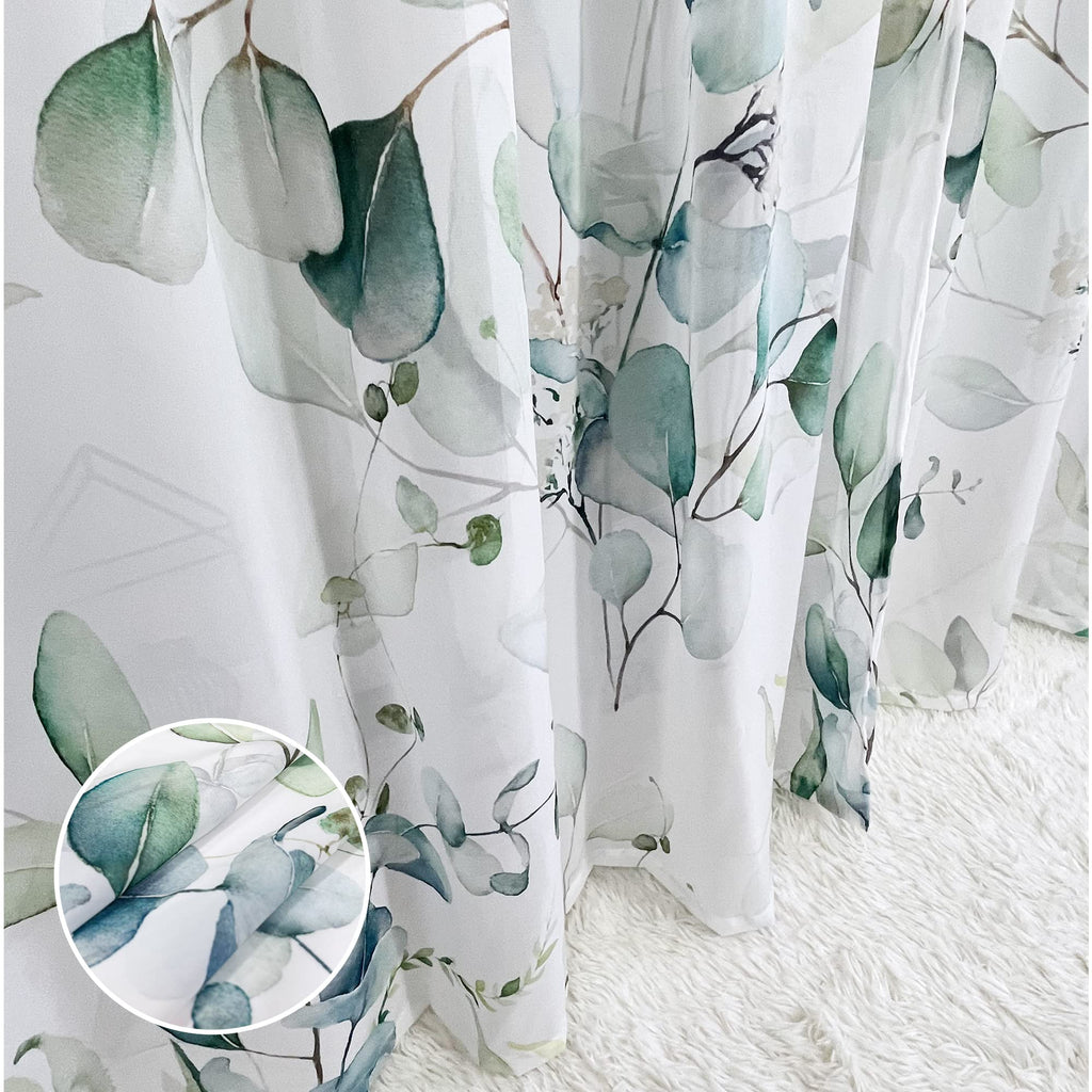 Green Eucalyptus Leaves Curtains 84 inch Length 2 Panels Set Elegant Floral Plant Spring Printed Window Curtain