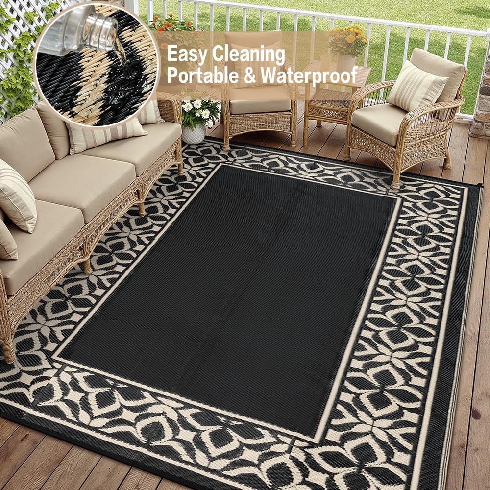 Outdoor Rug Black Beige Geometric
