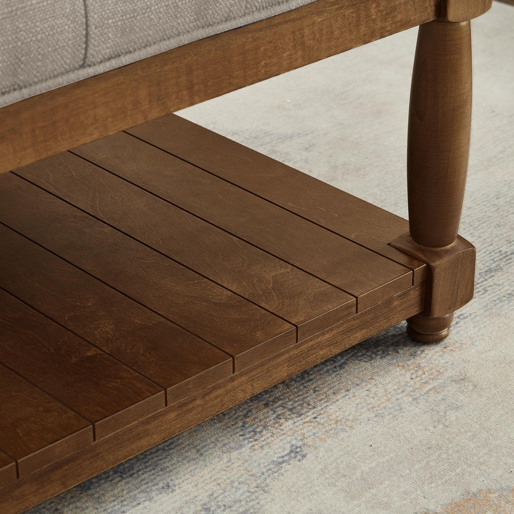 Large Square Upholstered Tufted Linen Ottoman Coffee Table with Solid Wood Frame and Open Storage Shelf, Nailhead