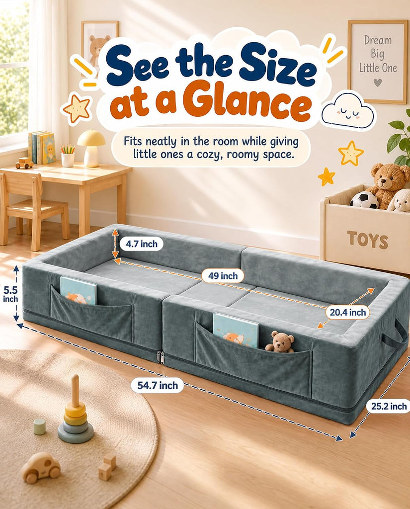Toddler Portable Travel Bed - Foldable & Washable Floor Bed, Grey