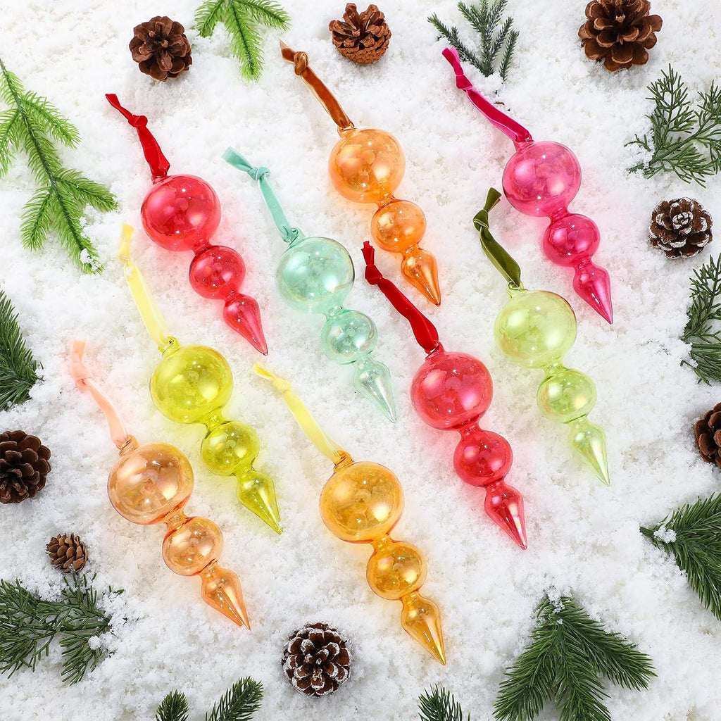 9 Pcs Hand Blown Glass Finial Christmas Ornaments, Iridescent
