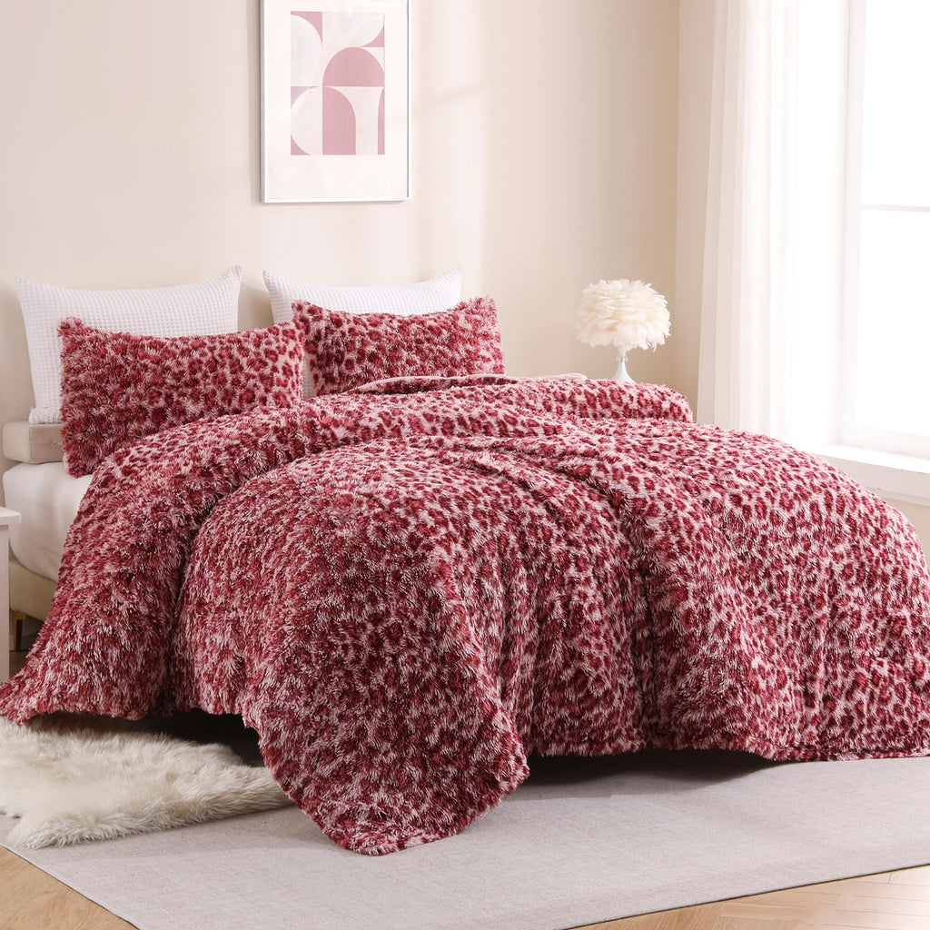 Cheetah Print Fluffy Faux Fur Comforter Set, 3 Pieces, Pink
