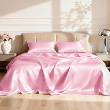 Satin Sheets Set - 4 Piece Pink Silky Bed Sheets Set with Deep Pocket, Luxury Silk Feel Satin Sheet Set