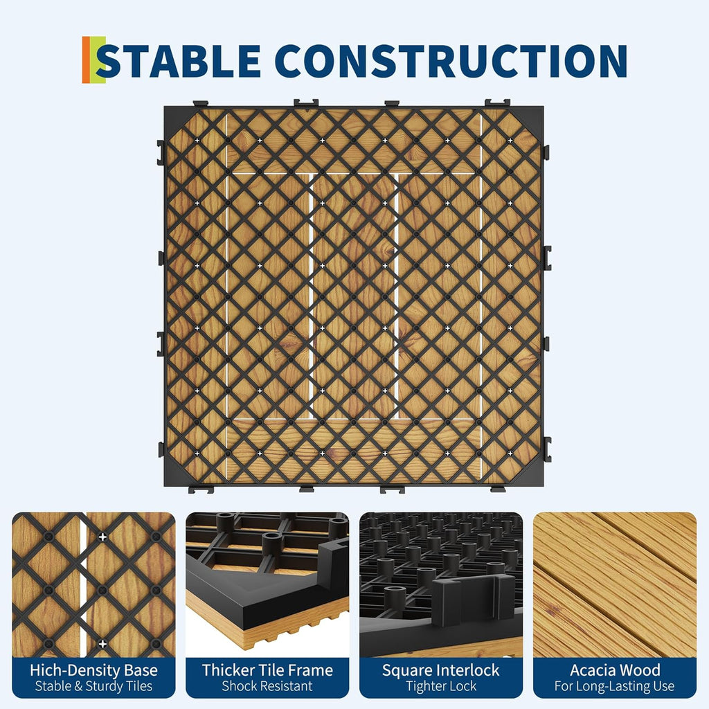 22 PCS Solid Acacia Wood Composite Deck Tiles - 12" x 12" Indoor Outdoor Waterproof Flooring Tiles for Balcony